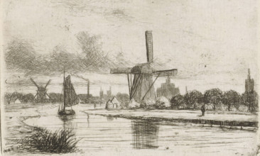 River landscape with windmills, print, printmaker: Jan Heppener, The Hague, c. 1841 - 1898, paper,