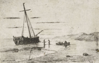 Ship off the coast, print, printmaker: Jan Heppener, The Hague, 1855, paper, etching, etching on