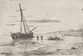 Ship off the coast, print, printmaker: Jan Heppener, The Hague, 1855, paper, chine collé, etching,