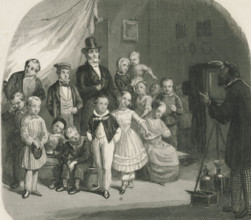 Family posing for a group photo, print, album page, Print is part of an album. Print is loose in