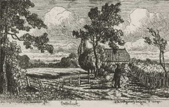 Man at a farm, Oosterbeek, print, printmaker: Joseph Hartogensis, The Hague, dedicated to: Jan