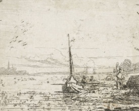 Ship at a bank, print, printmaker: Lambertus Hardenberg (1822-1900), The Hague, c. 1837 - 1900,