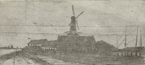 Complex with mill on a river, print, Complex with a windmill, on a dike, with a beginning for a