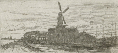 Complex with mill on a river, print, Complex with a windmill, on a dike, with a beginning for a
