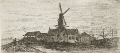 Complex with mill on a river, print, Complex with a windmill, on a dike, with a walking figure on