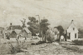 View of houses and a boat, print, View of several houses with the protruding mast of a boat in the