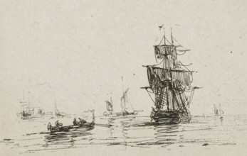 Navy with sailing ship, print, printmaker: Maurits Frederik Hendrik de Haas, Rotterdam, 1854 -