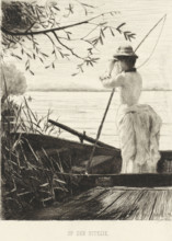 On the Lookout, Woman on the lookout, print, A woman stands in a rowboat with a fishing rod over