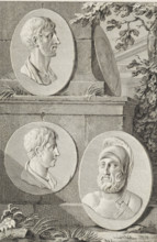 Medallions with portraits of Pericles, Fabius Maximus, Alcibiades, and Coriolanus, print,