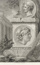 Medallions with portraits of Alexander the Great and Julius Caesar on a pillar, print, printmaker: