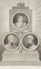 Monument with portraits of Napoleon I Bonaparte, Tsar Alexander I and Francis II, print, Three