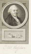 Portrait of Carel Wouter Visscher, print, chief officer of Amsterdam. Below the portrait a book, an