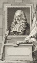 Portrait of Hendrik Danielsz. Hooft, print, Mayor of the City of Amsterdam. Below the portrait two