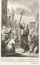 Peter of Amiens with letter and crucifix amidst a crowd, Peter the Hermit, print, book