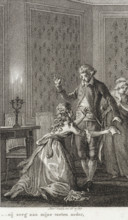 Woman with a letter kneels before a man, print, printmaker: Reinier Vinkeles (I), Amsterdam, 1802,