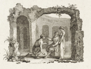 Three figures under the arch of a ruin, print, printmaker: Reinier Vinkeles (I), Amsterdam, 1751 -