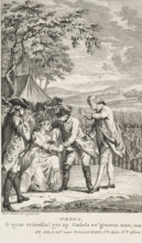 Crying woman in an army camp, print, inscription: 'Prins.', printmaker: Reinier Vinkeles (I),