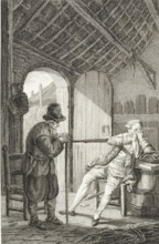 Old man in conversation with a gentleman in a farmhouse, print, printmaker: Reinier Vinkeles (I),