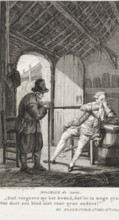 Old man in conversation with a gentleman in a farmhouse, print, inscription: 'Holbeen de zoon.',