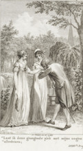 In a park a man kisses a woman's hand, Let me mark this blessed place with my eyes, print,