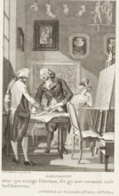Man showing sketches to another man, print, In his studio, an artist shows sketches to an