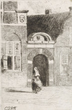 Brick gate in a street, print, View of a brick gate between houses. A folded figure walks in the
