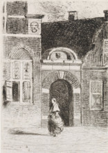 Brick gate in a street, print, View of a brick gate between houses. A folded figure is walking in