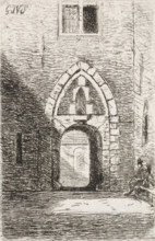 View of a gate, print, View of a gate. On the left a seated figure on a bench., printmaker: