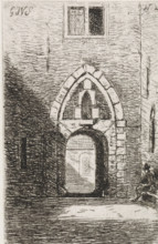 View of a gate, print, View of a gate. On the left, a seated figure on a bench. Top right N.2.,