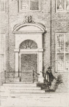 Man on a staircase at the door of a house, print, printmaker: Gijsbertus Johannes Verspuy,
