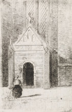 Woman at a church portal, print, printmaker: Gijsbertus Johannes Verspuy, Netherlands, 1833 - 1862,