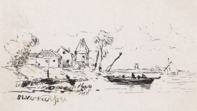Figures in a sloop near houses on a river, print, printmaker: Salomon Leonardus Verveer, The Hague,