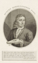 Portrait of Hubert Korneliszoon Poot, print, poet and farmer in Abtswoude. In his hand a roll of