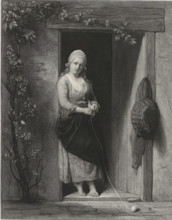Young woman with knitting, print, A young woman with a headdress stands in a doorway with a