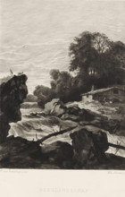 Mountain landscape, Mountain landscape with a river and waterfall, print, book illustration,