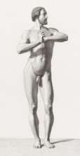 Standing male nude, print, with hands clasped., inscription: 'to the well-known Mr. Büchler, from