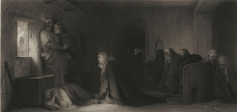 Interior with figures, print, printmaker: Edouard Girardet, after painting by Paul Delaroche,