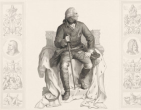 Sitting monarch, print, check stamp: 'DA ...', printmaker: Albert Teichel, Germany, after drawing