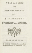 Explanatory text accompanying five scenes from the play Gijsbrecht van Aemstel and list of prints