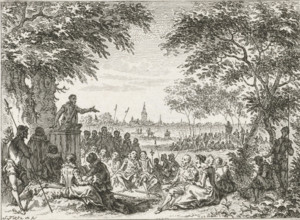 Public sermon in the field, 1566, print, historical print, 1566. Hedge sermon outside the city: a