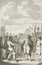 Mayor Joost Buyck calms the boatmen, 1567, print, historical print, Mayor Joost Buyck has soldiers