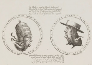 Double-headed caricature of the Pope with the Devil and the Cardinal with a Jester, 1685, cartoon,
