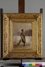 Kratke, "L'Empereur Napoléon 1er se réchauffant près d'un feu de bois dans un paysage de neige"