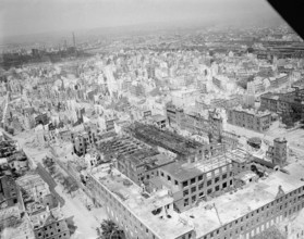 A part of Nuremberg, devastated by Allied bombing, 28 May 1945. Oblique aerial view of heavily-damaged industrial and re