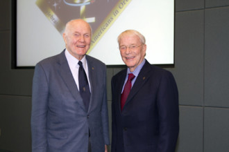 CAPE CANAVERAL, Fla. - Mercury astronauts John Glenn, left, and Scott Carpenter pose during a luncheon Feb. 17, 2012, ce