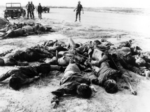 Vietnam: Bodies of dead NLF (Viet Cong) guerrillas lying piled up at Tan Son Nhat Airport, Saigon, February 1968 The Tet