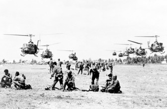RECORD DATE NOT STATED Vietnam: U.S. helicopters arriving to air lift Vietnamese government Rangers of the 43rd battalio