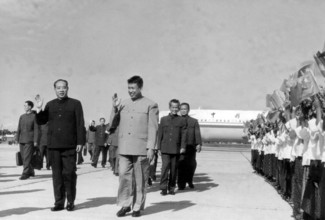 Cambodia: The Khmer Rouge top leadership at Pochentong Airport welcoming a Chinese delegation, c. 1976 Pol Pot (centre,