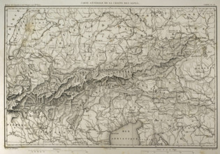 Napoleonic map of mountain range of the Alps, 1864. Map of mountain range of the Alps. Atlas de l Histoire du Consulat e