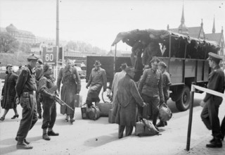 Germany Under Allied Occupation Nazi officers and officials arrive at British Military Headquarters, Flensburg, followin